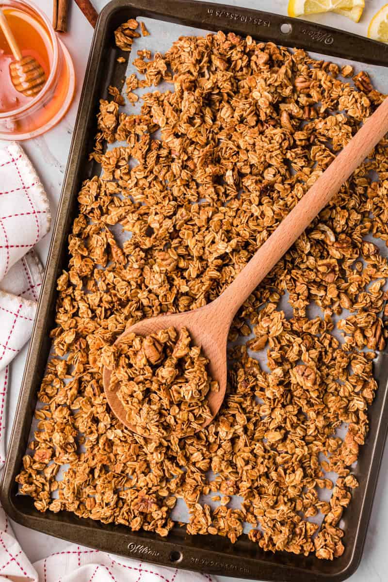 cooked granola on the baking sheet.