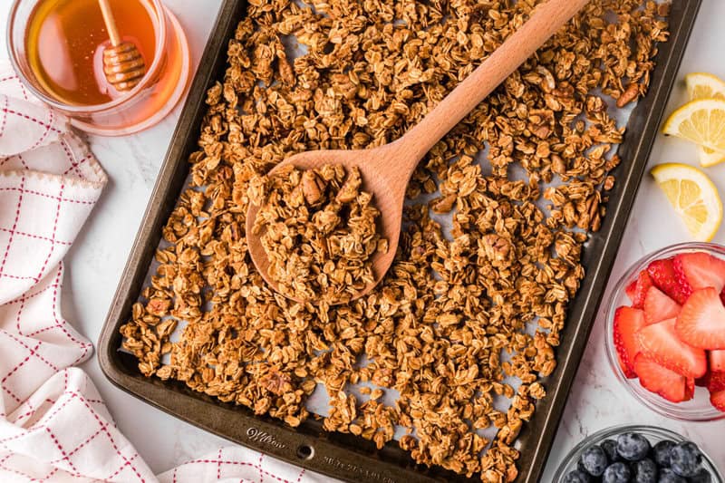 granola cooked on a baking sheet.