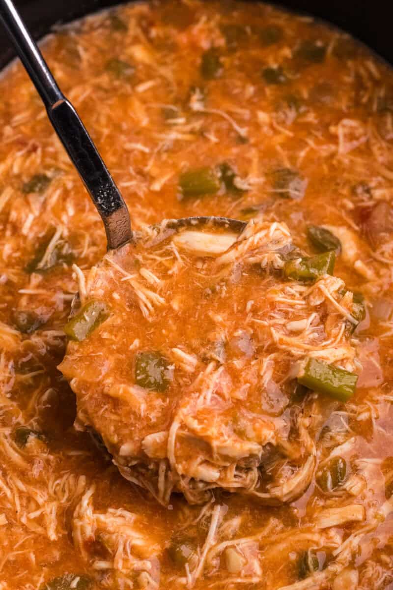 closeup of the chicken fajita soup being served out of the slow cooker.