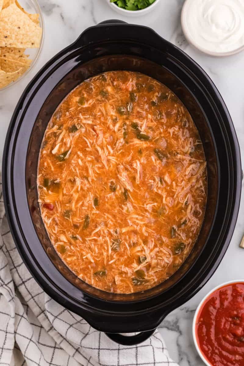 chicken fajita soup cooking in the slow cooker.
