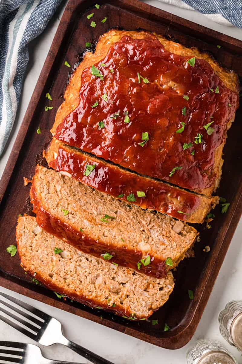 top-down view of the meatloaf sliced on the baking sheet.
