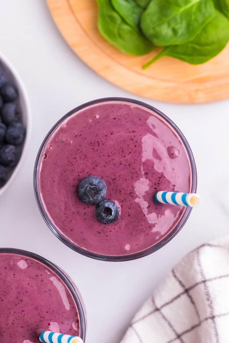 top-down view of the Blueberry Spinach Smoothie in a glass.
