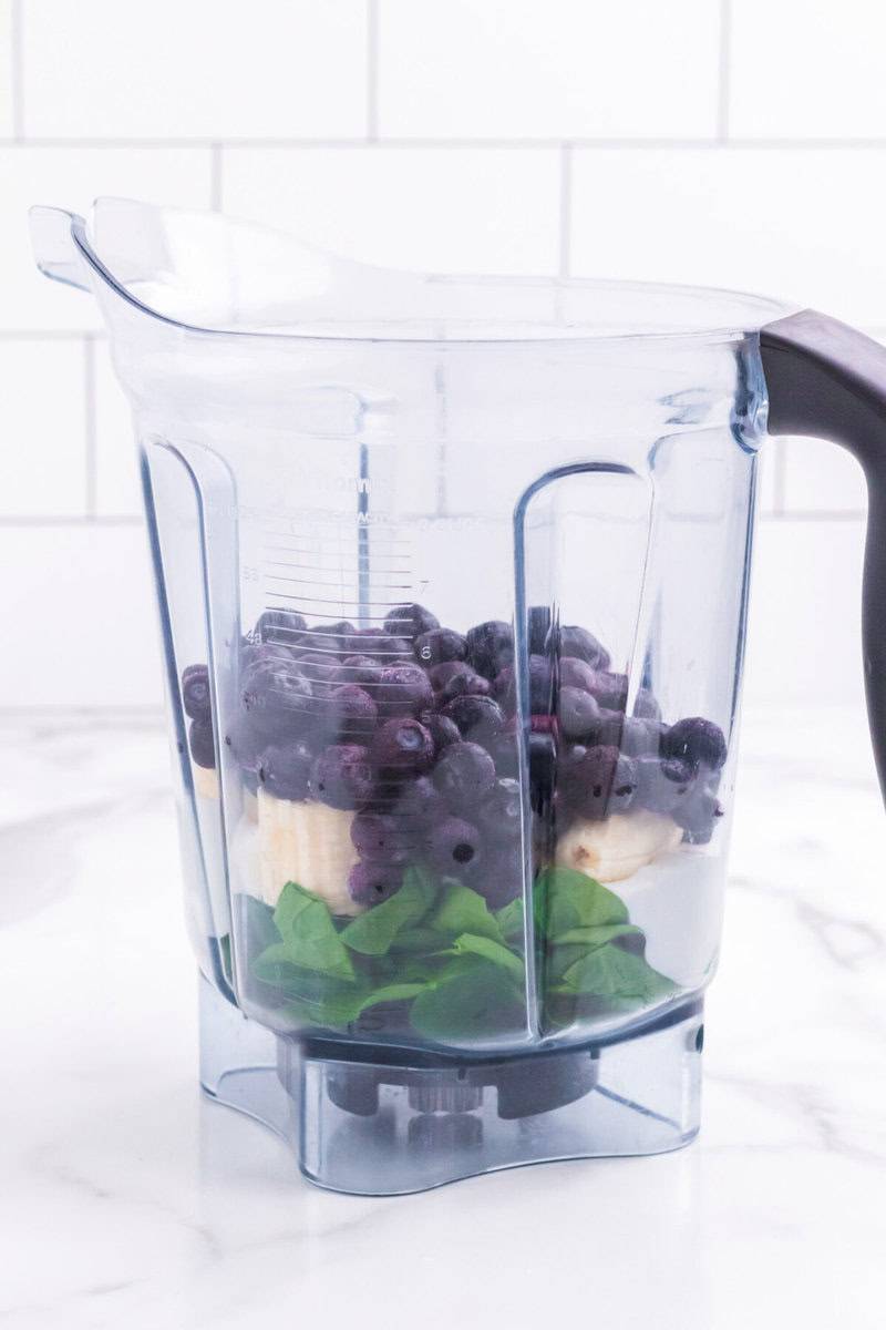 ingredients for the Blueberry Spinach Smoothie in the blender.