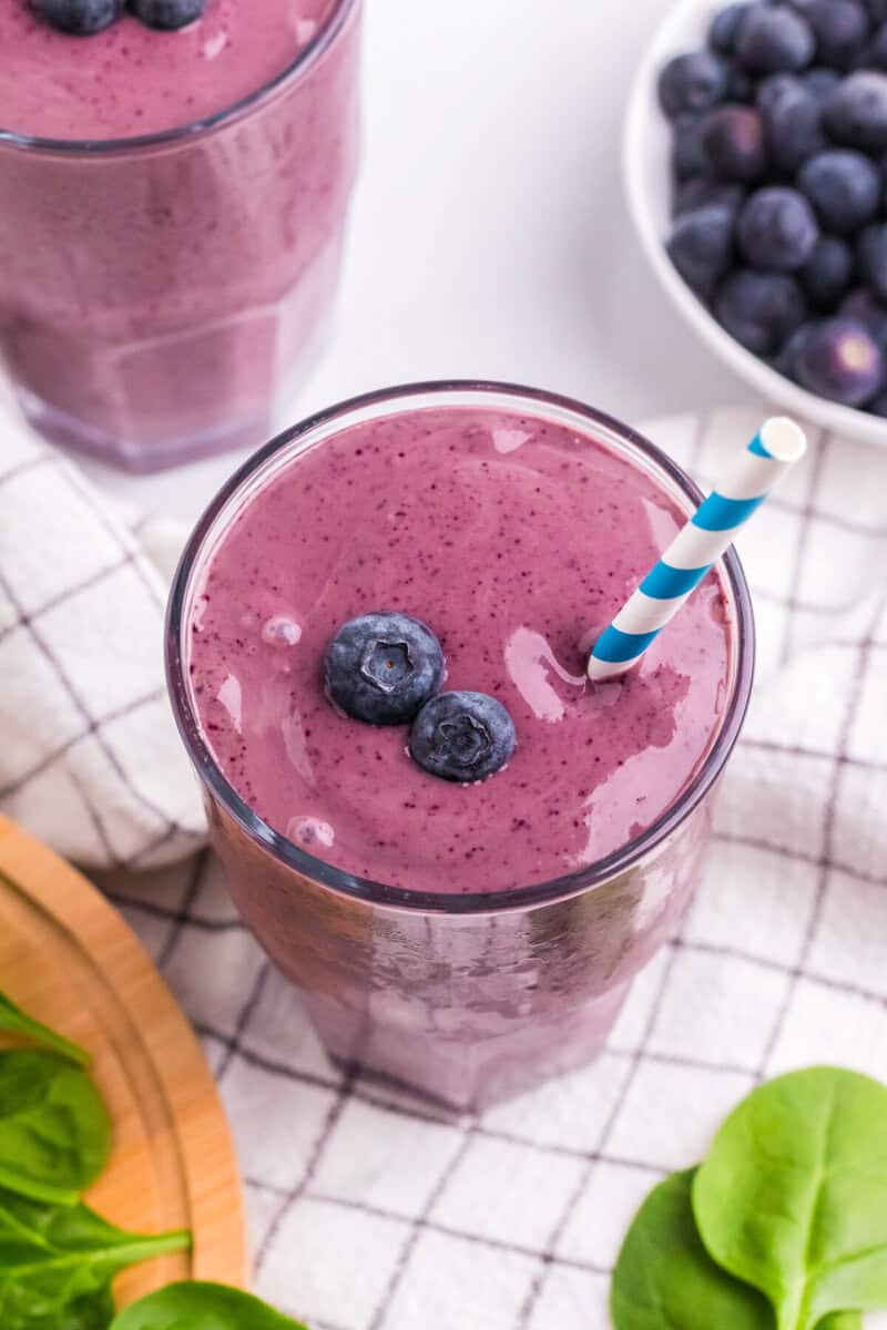 top-down view of the Blueberry Spinach Smoothie in a glass.