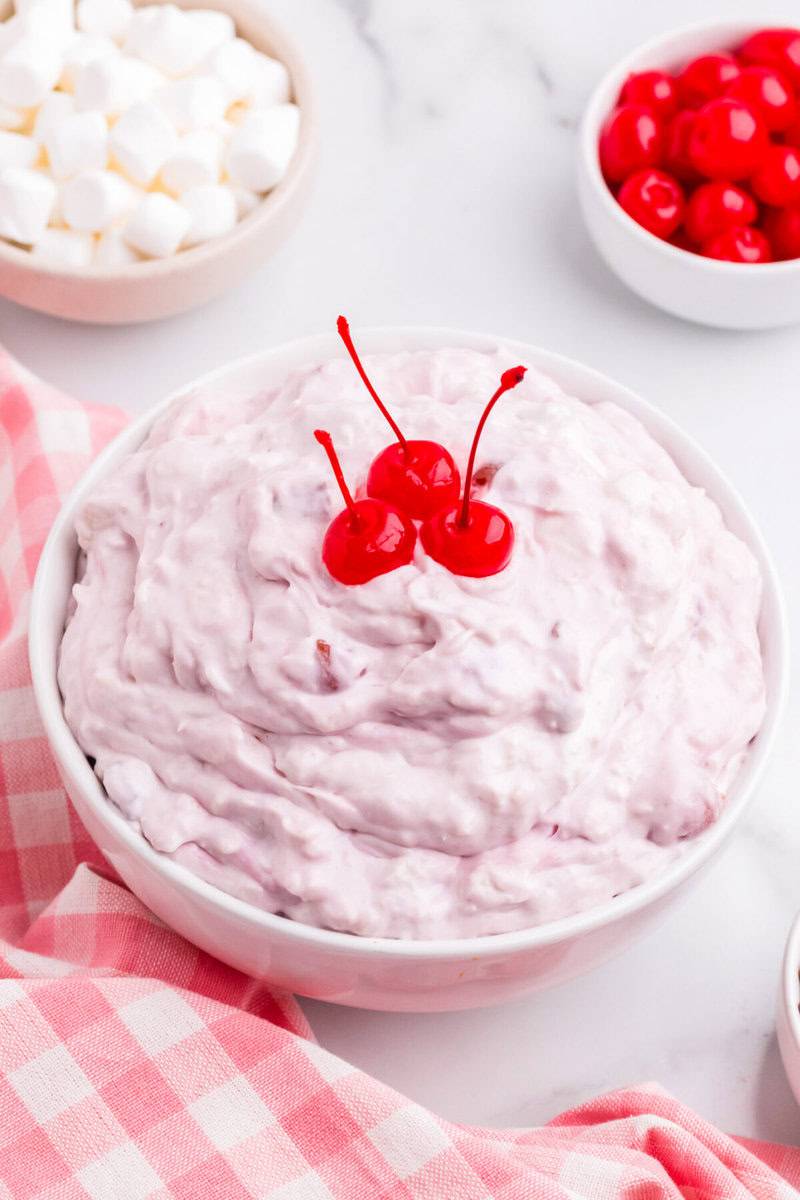 Closeup of the Cherry Fluff in a white serving bowl.