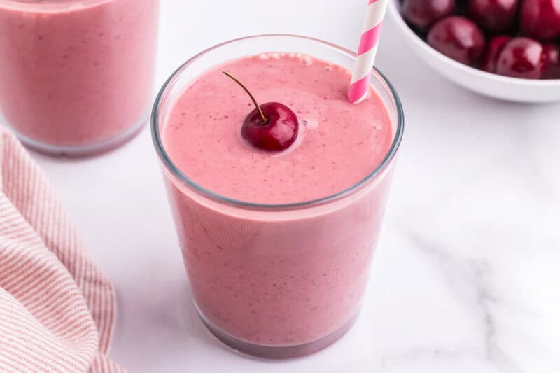 two glasses of the cherry smoothie.