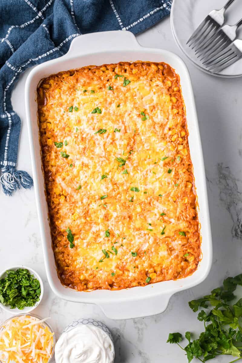 Chicken Enchilada Casserole baked in the casserole dish.