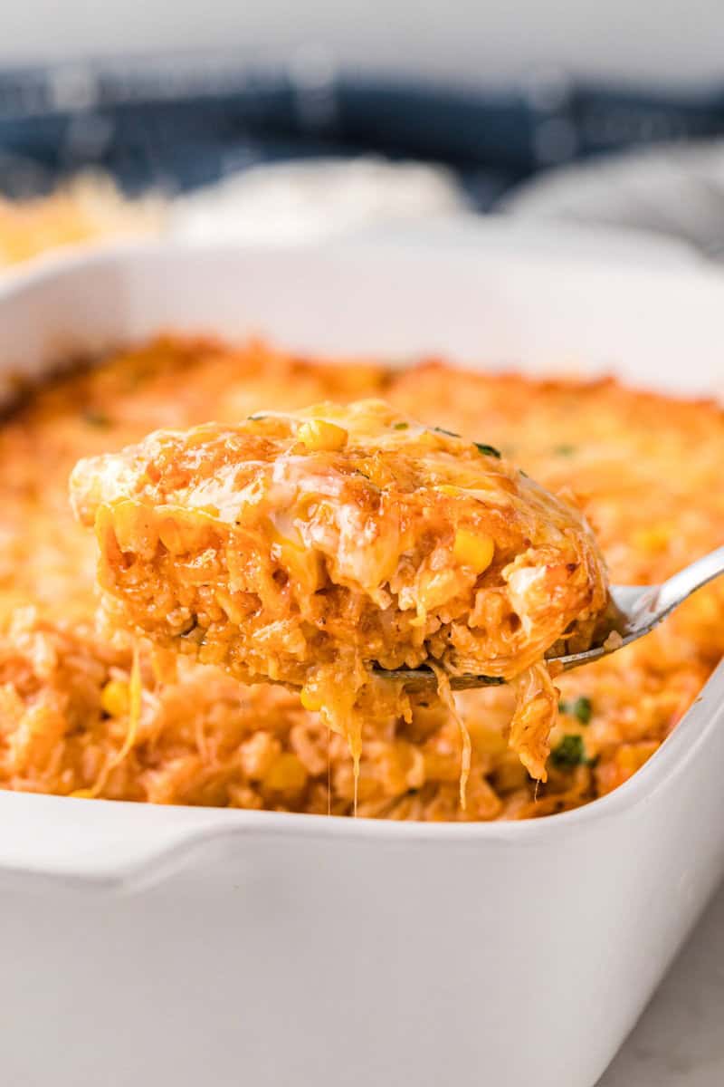serving the casserole out of the baking dish with a metal spoon.