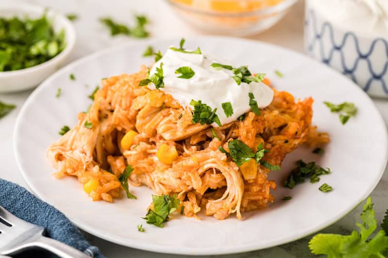 Chicken Enchilada Casserole served on a white plate.