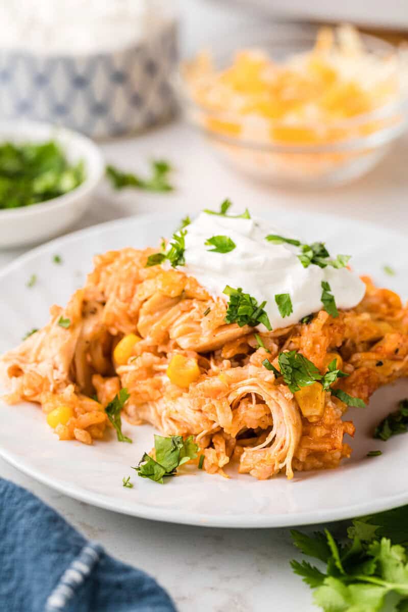 closeup of the chicken enchilada casserole served on a white plate.