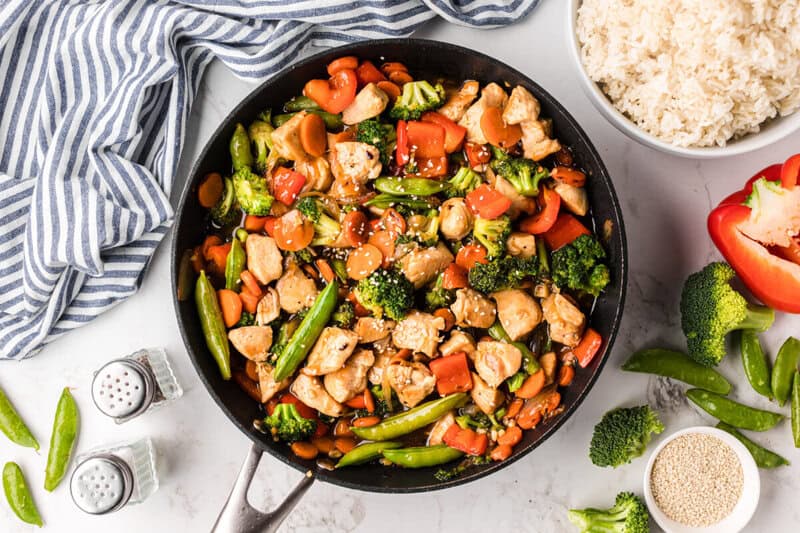 Chicken Stir Fry cooking in a skillet.