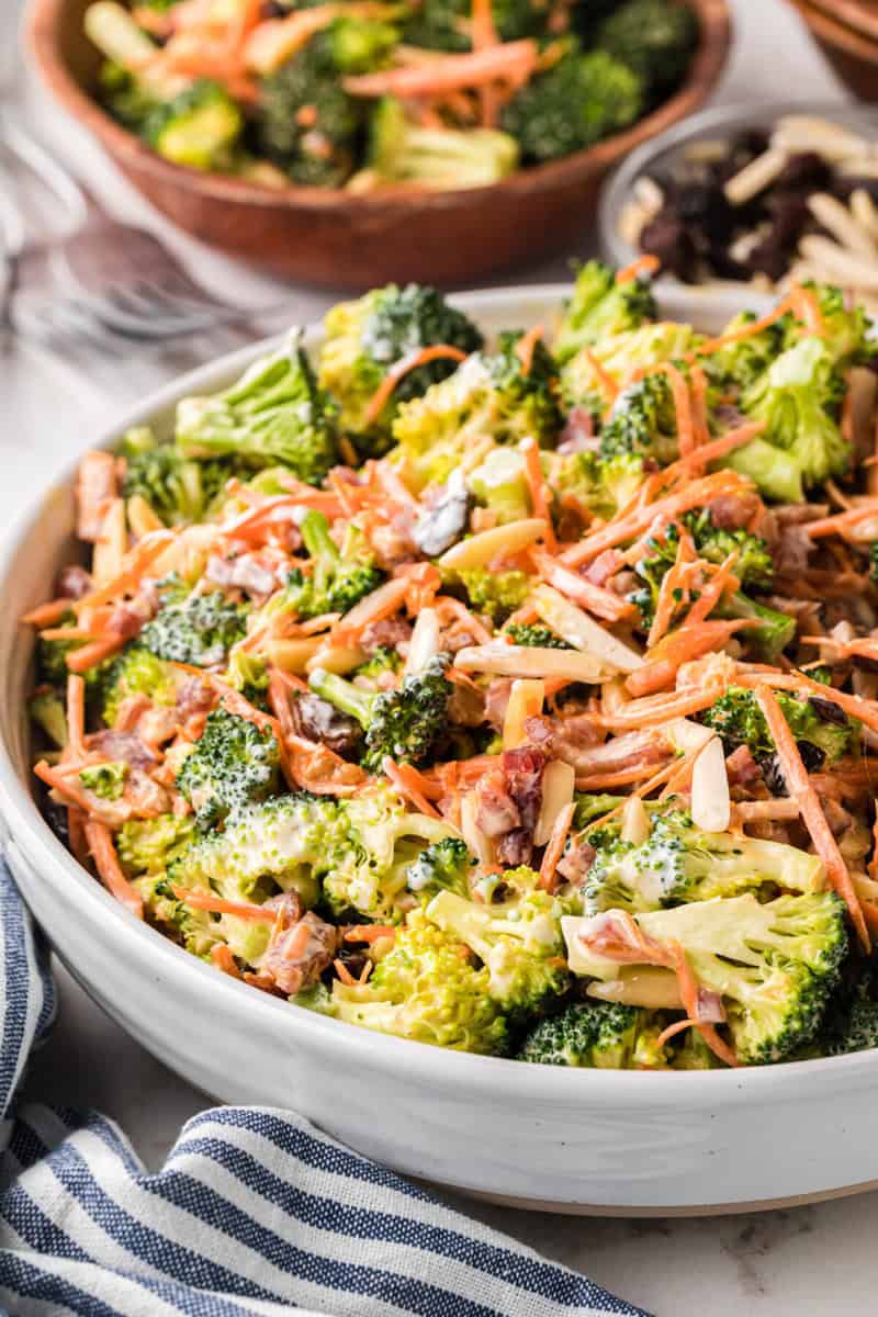 Closeup of the Broccoli salad served in white bowl.