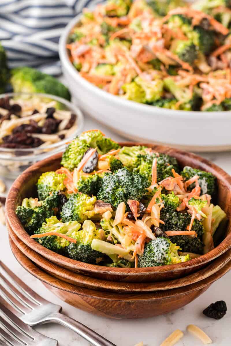 closeup of the Broccoli Salad served in a wooden bowl.