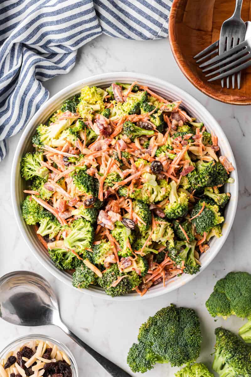top-down view of the finished Broccoli Salad.