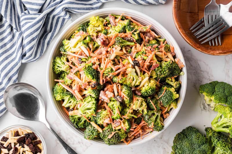 top-down view of the Broccoli salad in a white serving bowl.