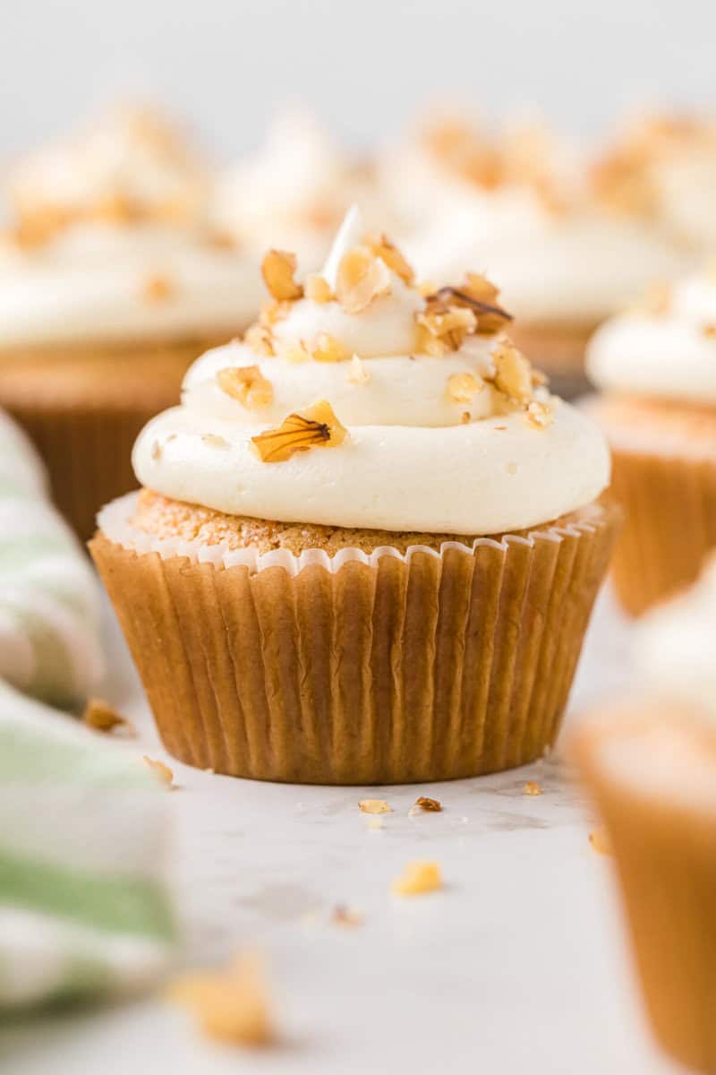 closeup of a carrot cake cupcake.