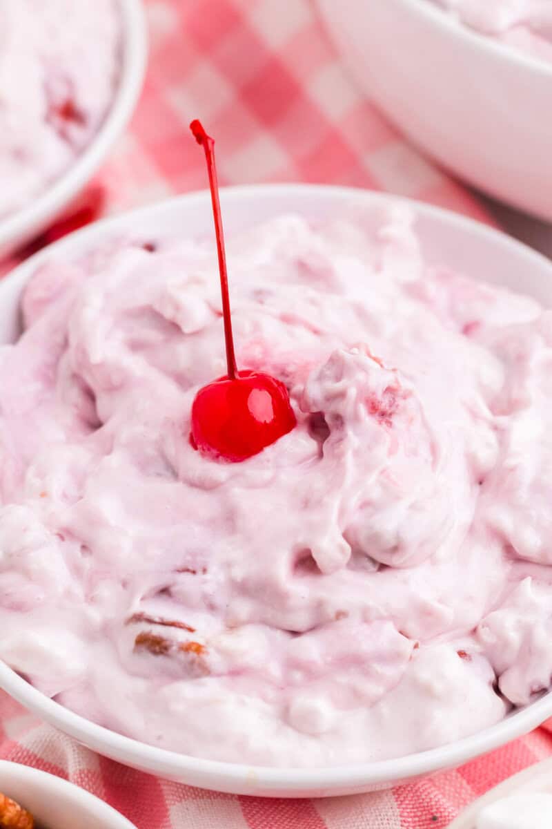 closeup of one bowl of the Cherry Fluff.
