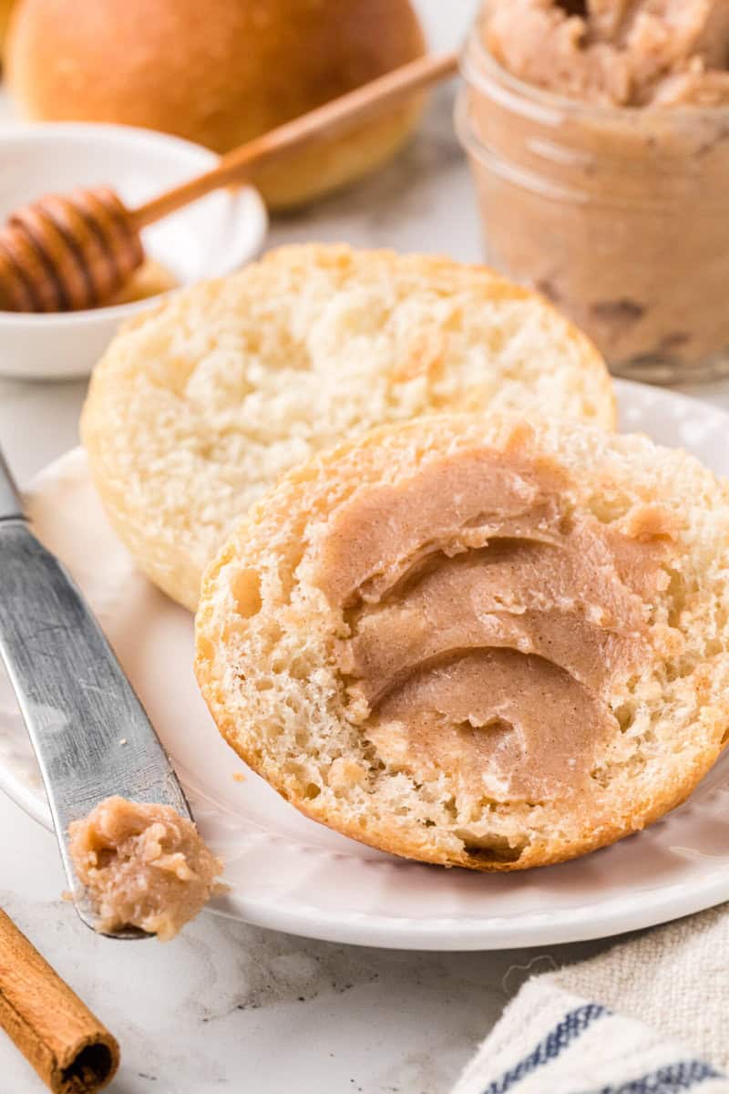 closeup of the butter on a roll.