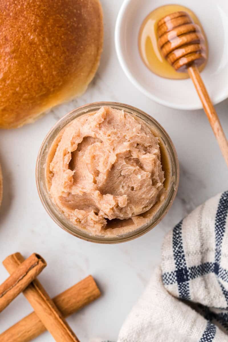 top-down view of the cinnamon honey butter in a jar.