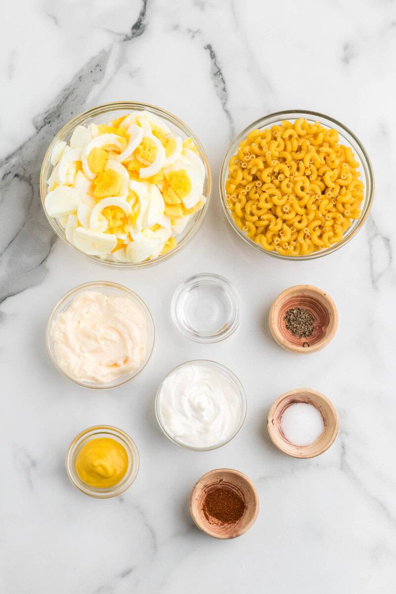 ingredients for the deviled egg pasta salad.