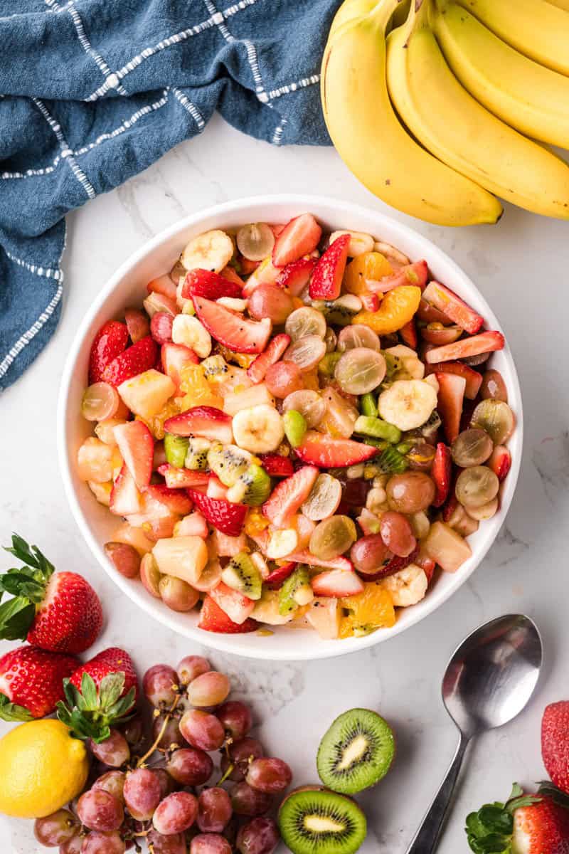top-down view of the fruit salad in large serving bowl.