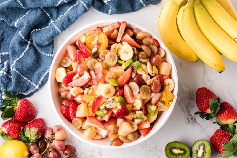 top-down view of the fruit salad in a large serving bowl.