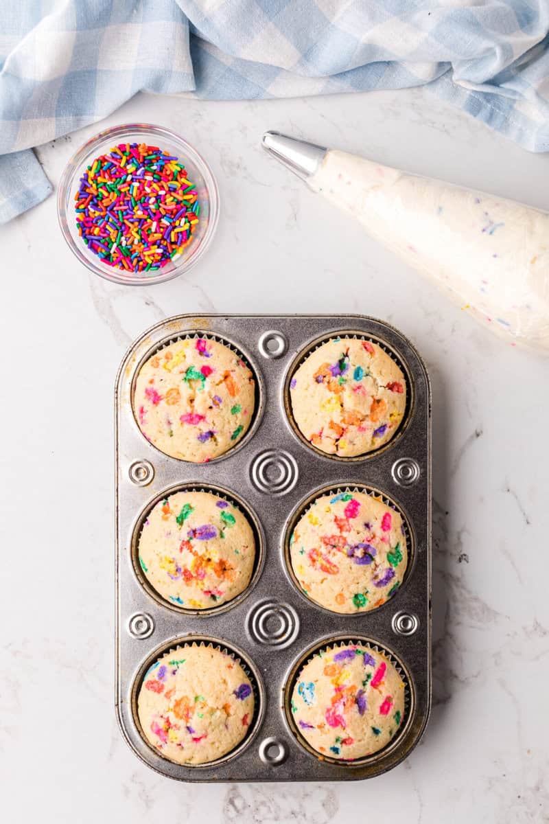 baked Funfetti Cupcakes in the cupcake pan.