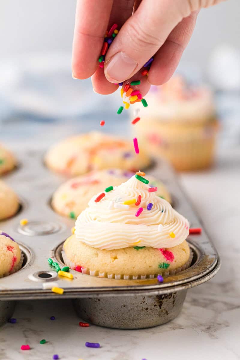 sprinkling more sprinkles on top of the frosted cupcake.