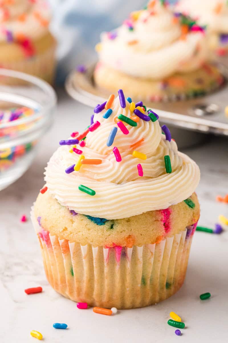 closeup of a Funfetti Cupcake.