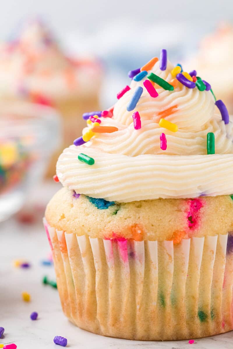closeup of one Funfetti Cupcake.