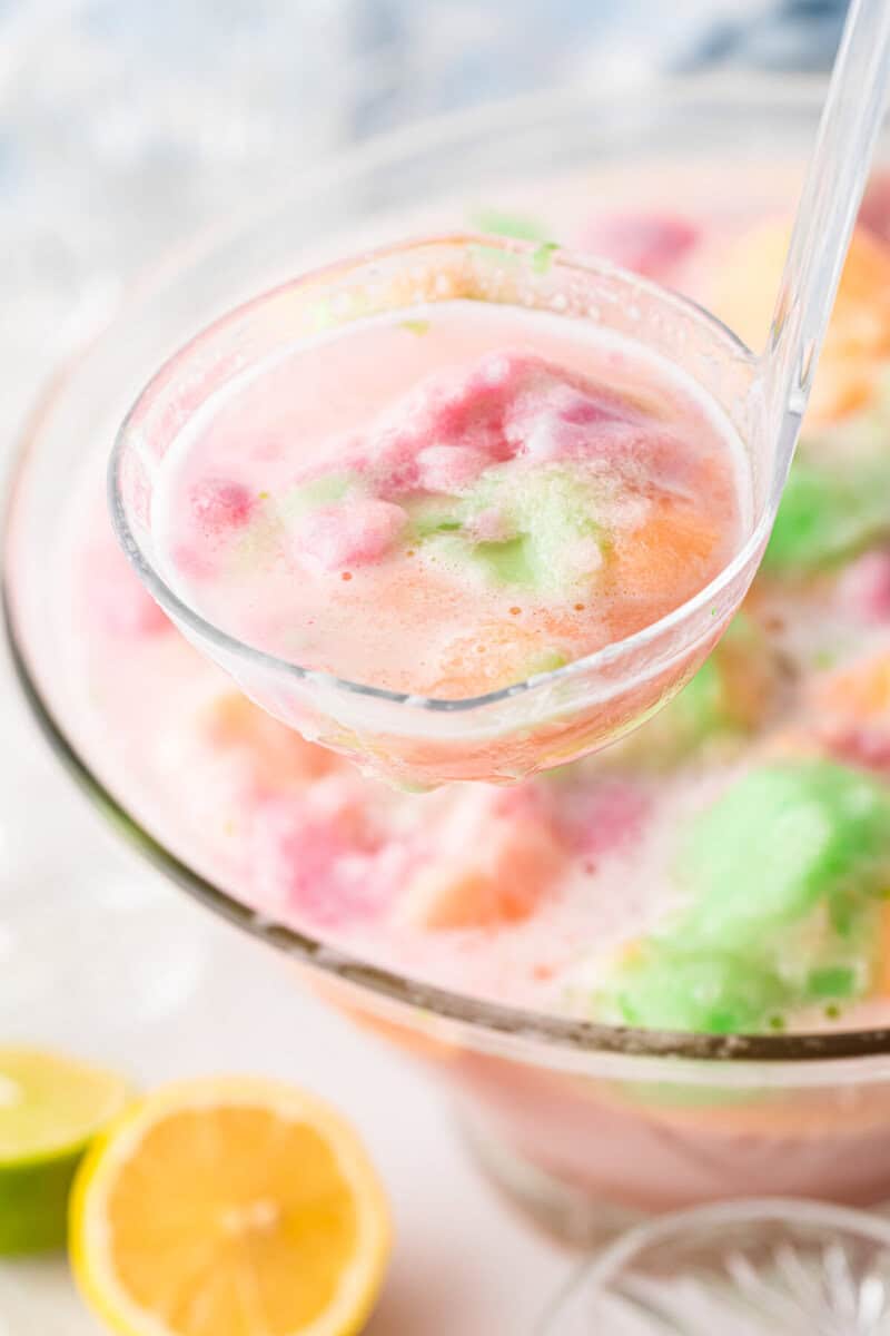 serving the Sherbet Punch with a ladle out of the punch bowl.