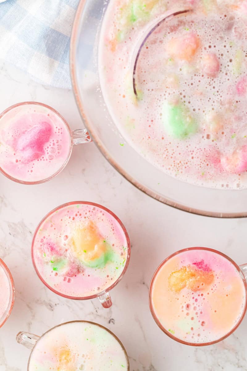 top-down view of the Sherbet Punch in the bowl and glasses.
