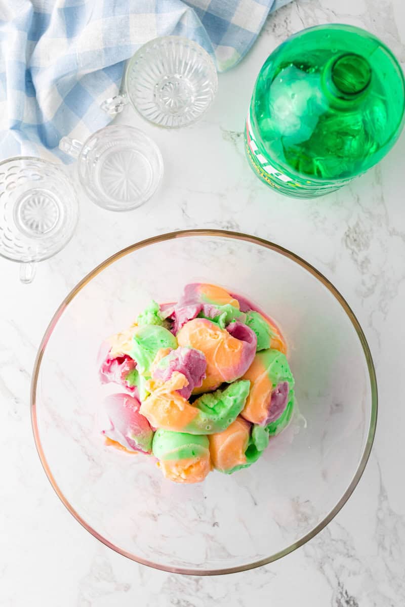 Sherbet in the serving bowl before adding the soda.