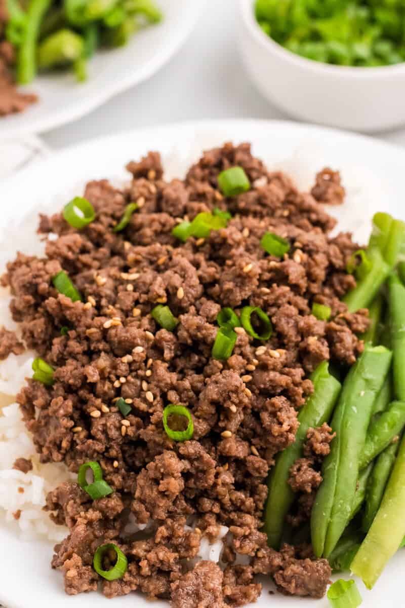 closeup of the Asian Ground Beef with green beans.