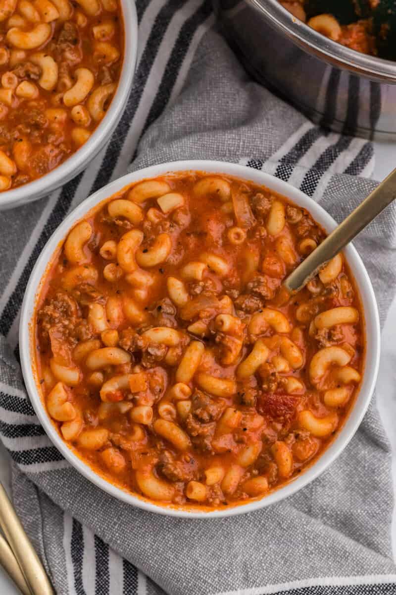 bowl of the beef and macaroni soup.