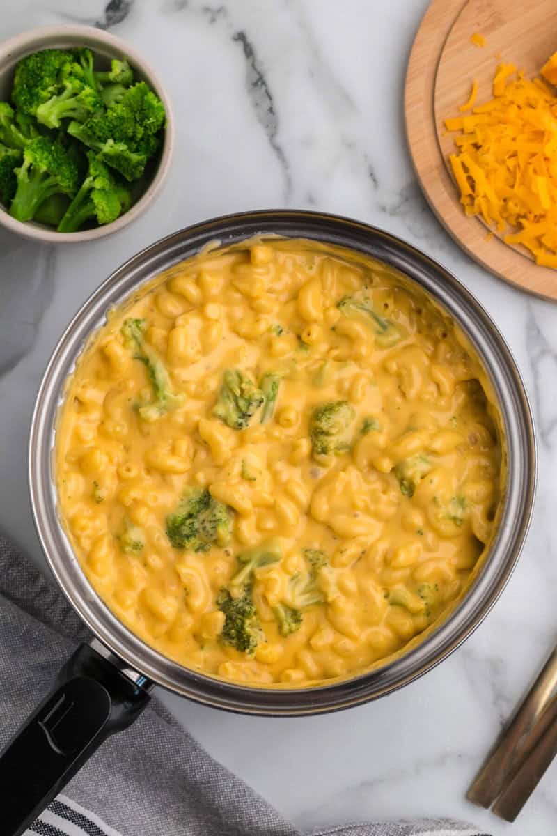 top-down view of the finished Broccoli Mac and Cheese.