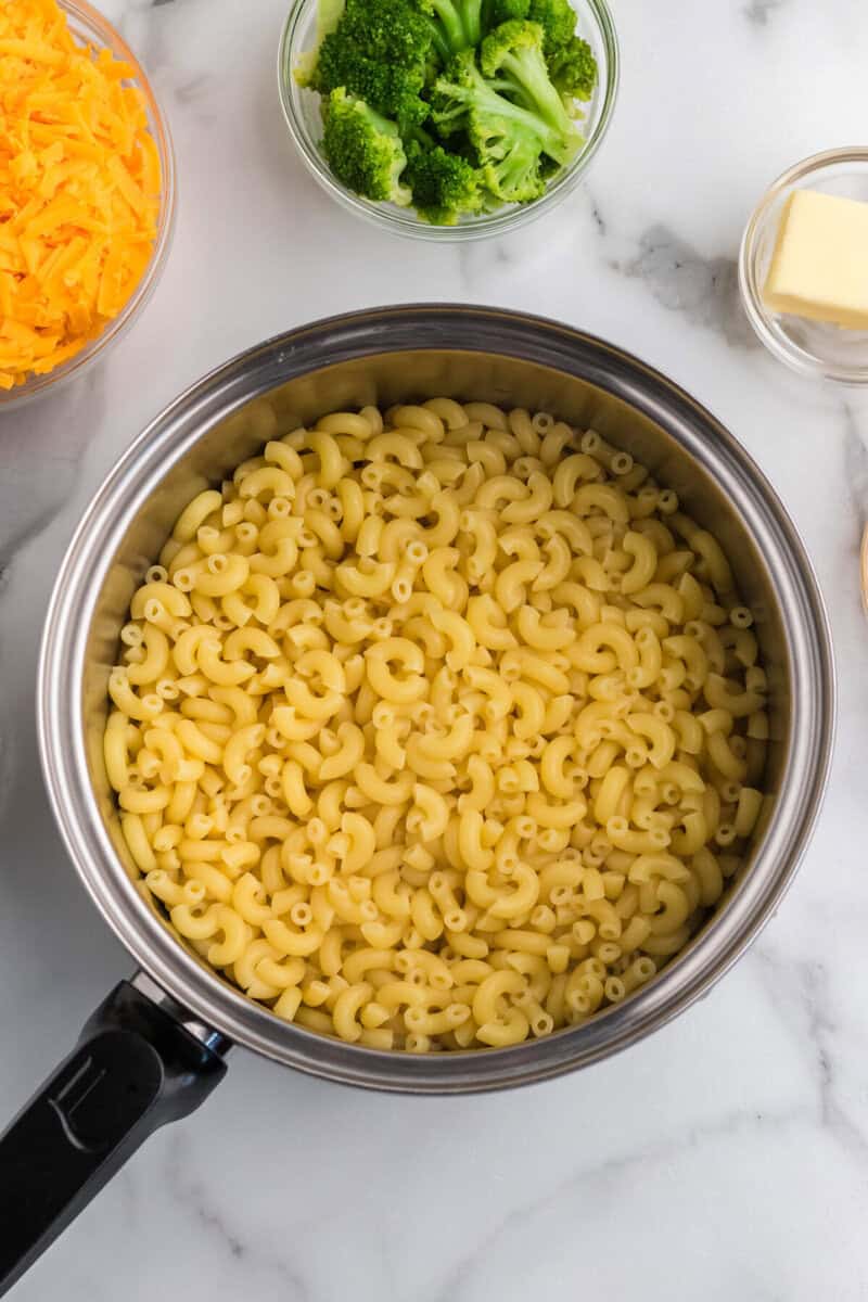cooking the macaroni noodles in a large pot.