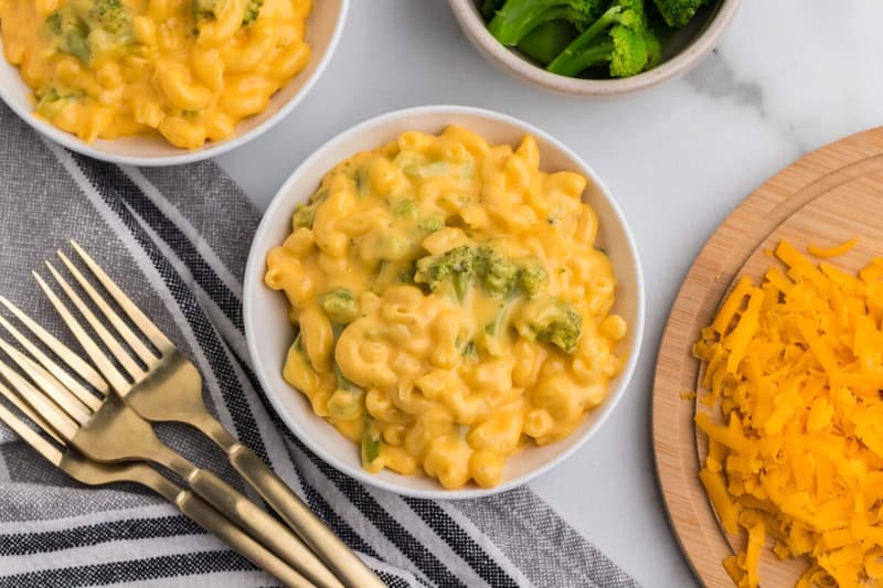 top-down view of a bowl of the broccoli mac and cheese.