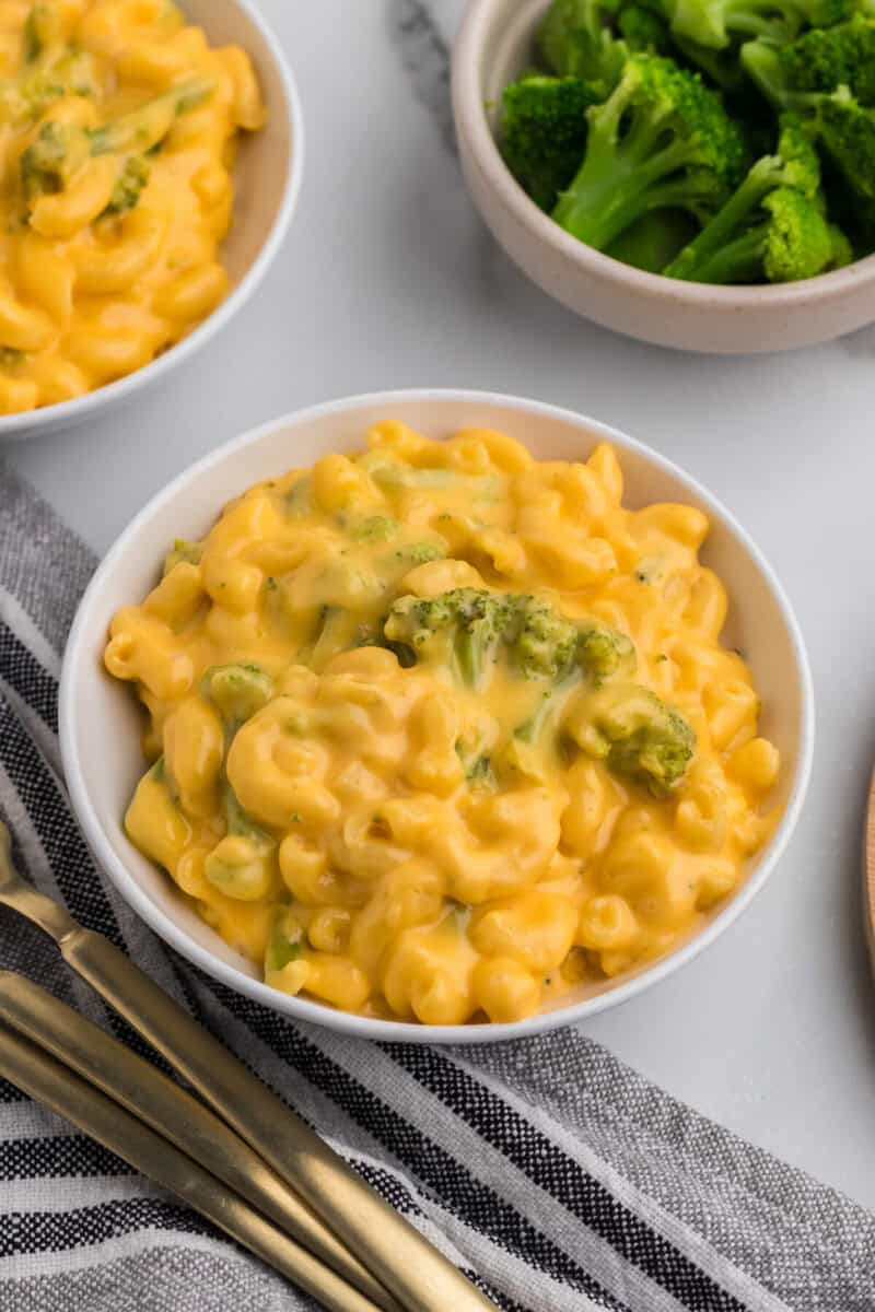 closeup of a bowl of the Broccoli Mac and Cheese.
