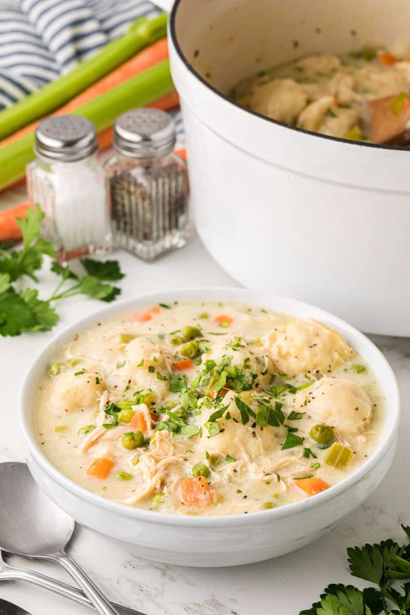 closeup of the Chicken Dumpling Soup in a white bowl.