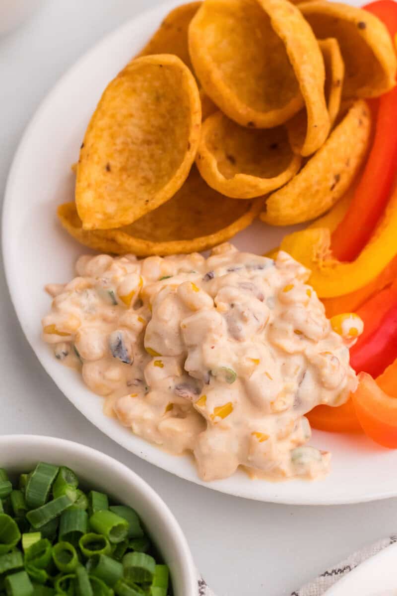 closeup of the Crack Corn Dip served on a white plate.