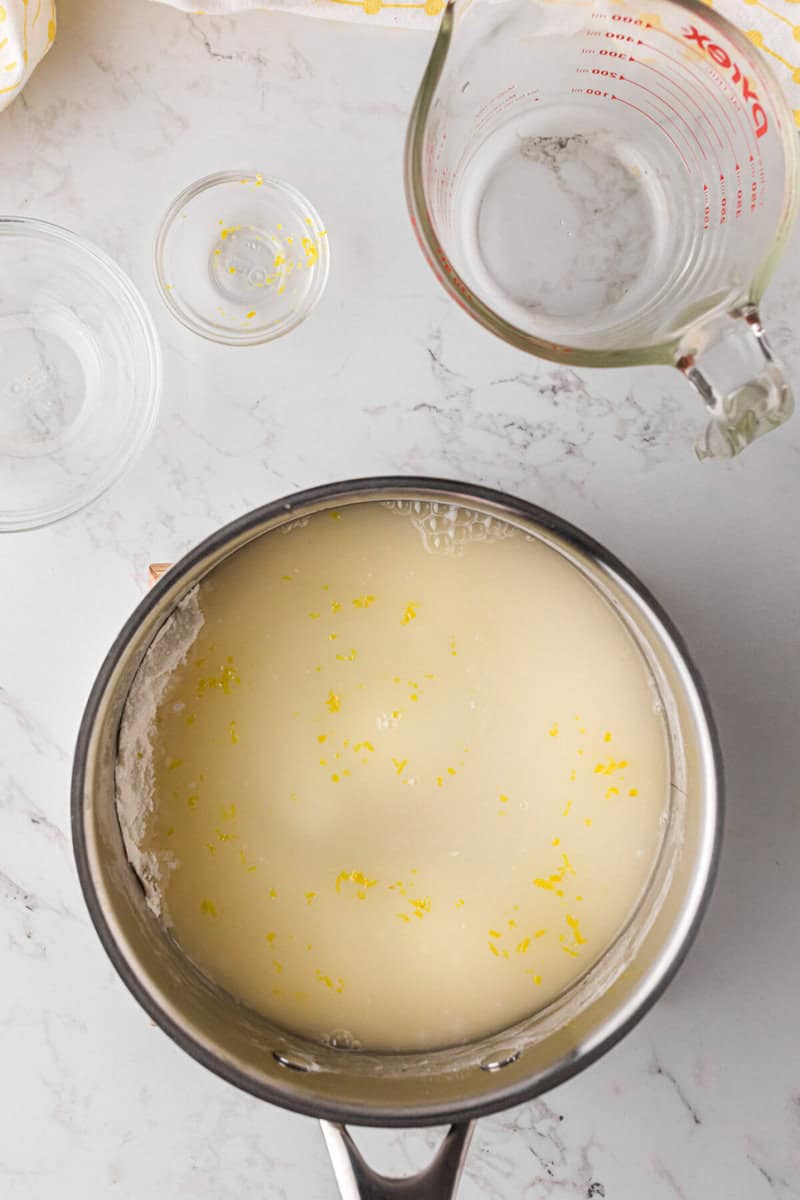 making the filling for the Lemon Meringue Pie.