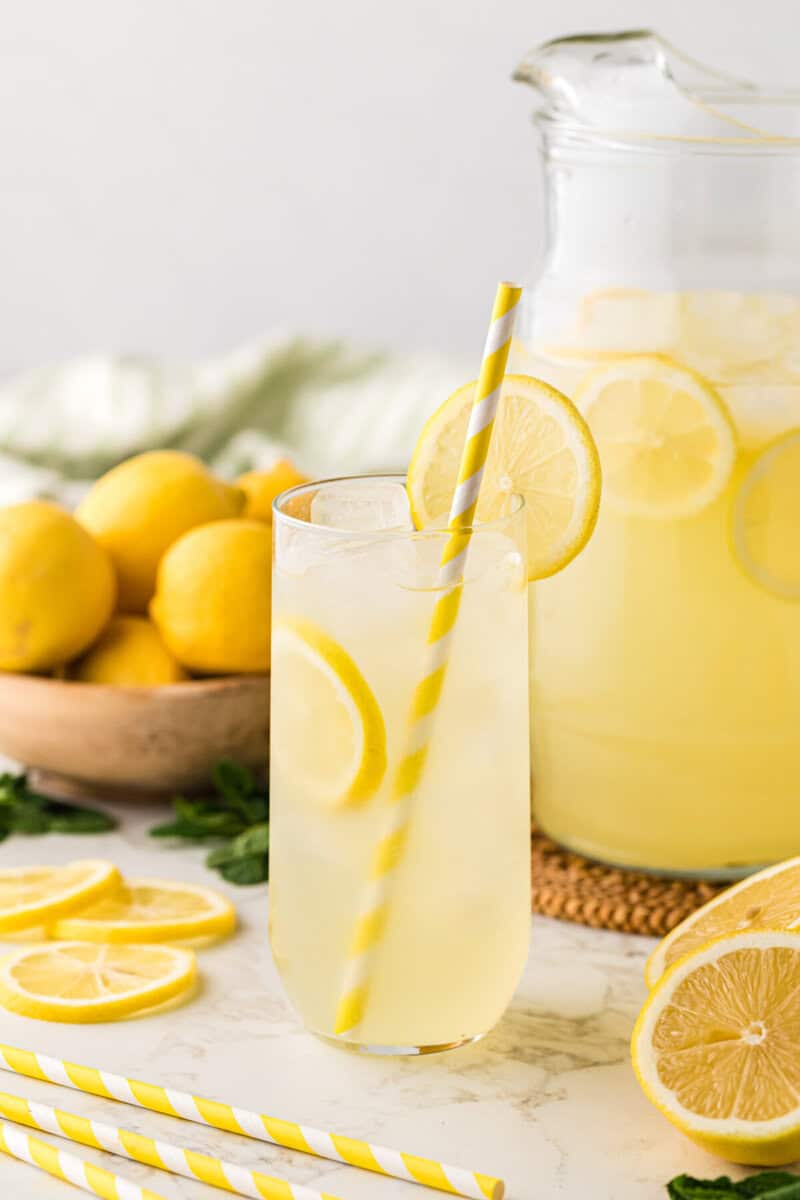 glass of the Homemade Lemonade with a slice of lemon on it.