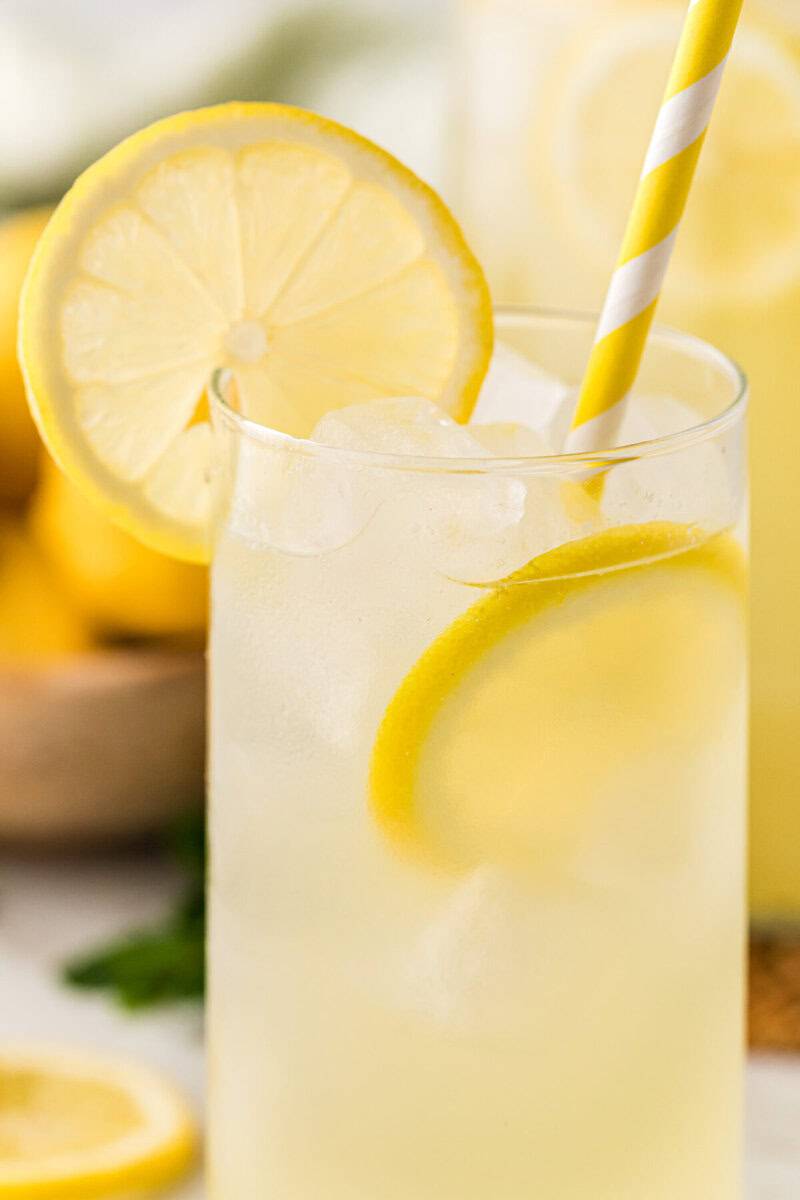 closeup of a glass of the Homemade Lemonade.