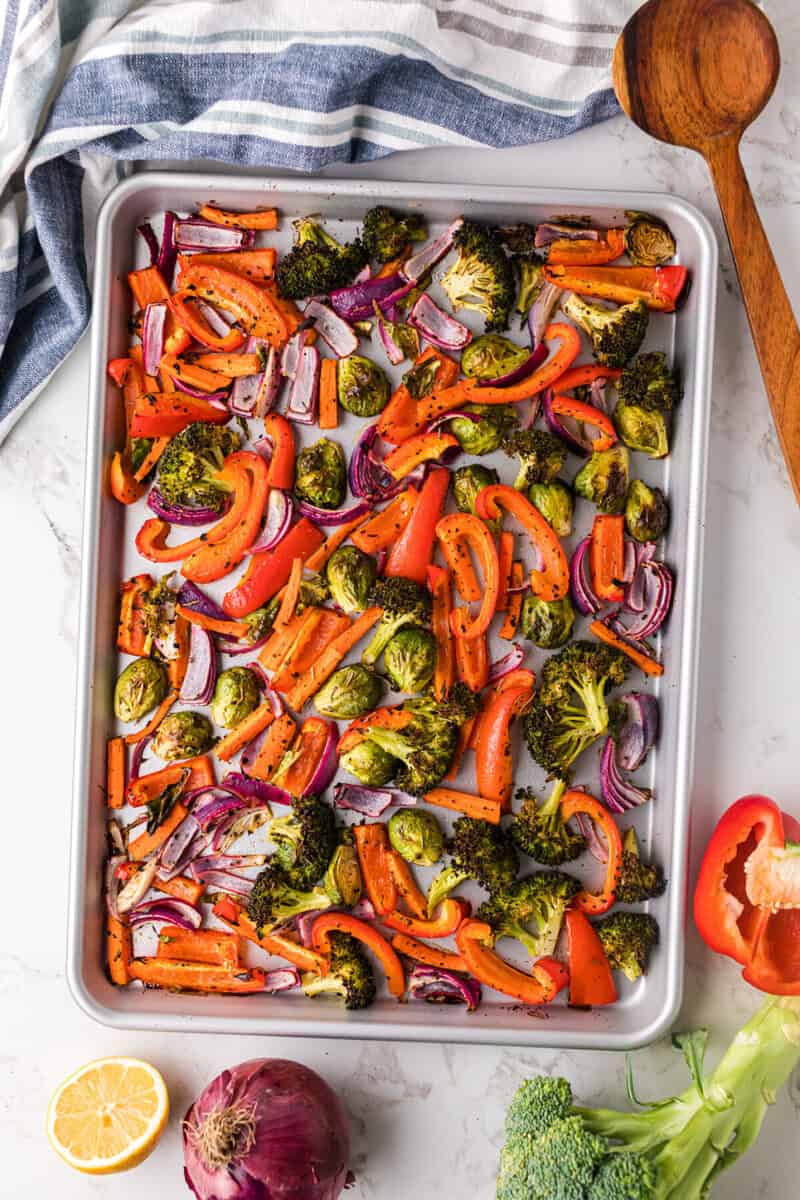vegetables roasted on a baking sheet.