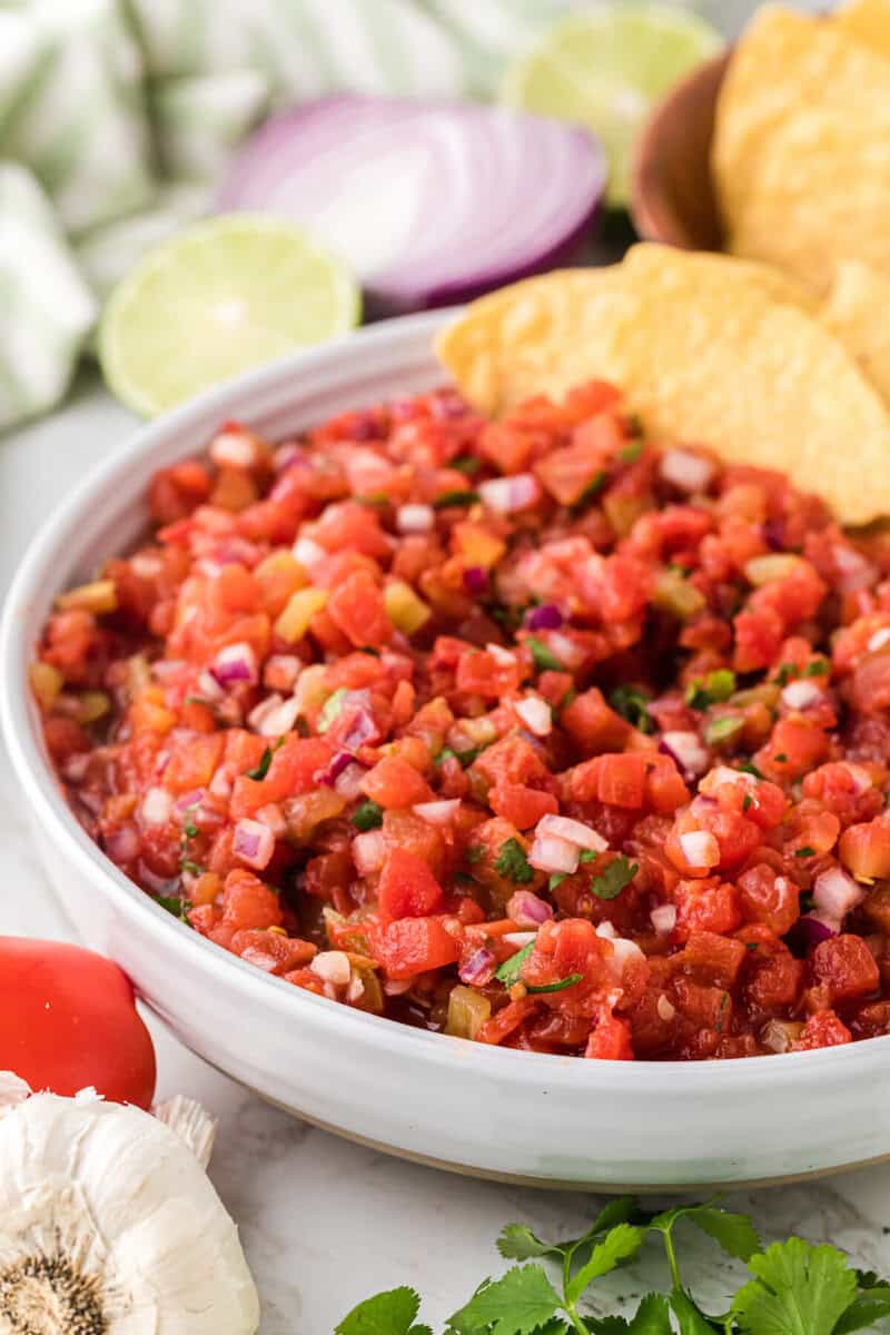 closeup of the bowl of homemade salsa.