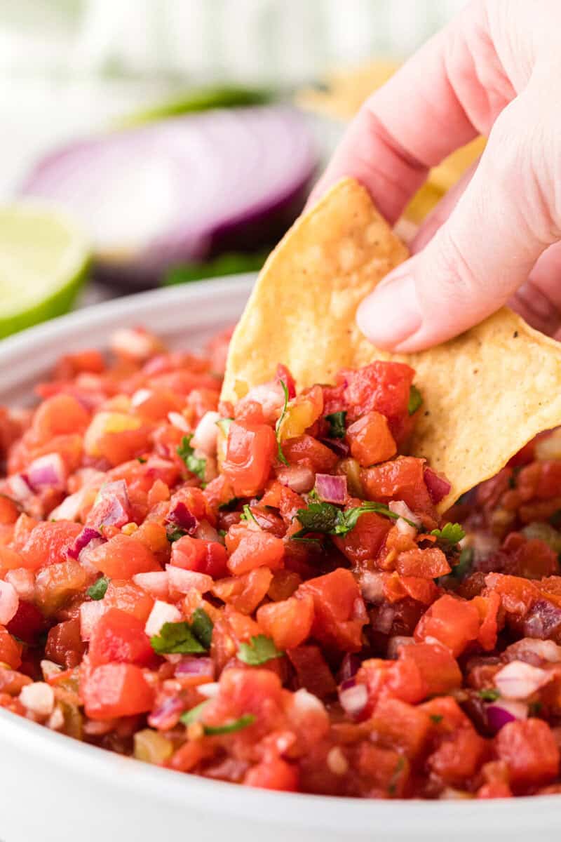 closeup of dipping a tortilla chip into the salsa.