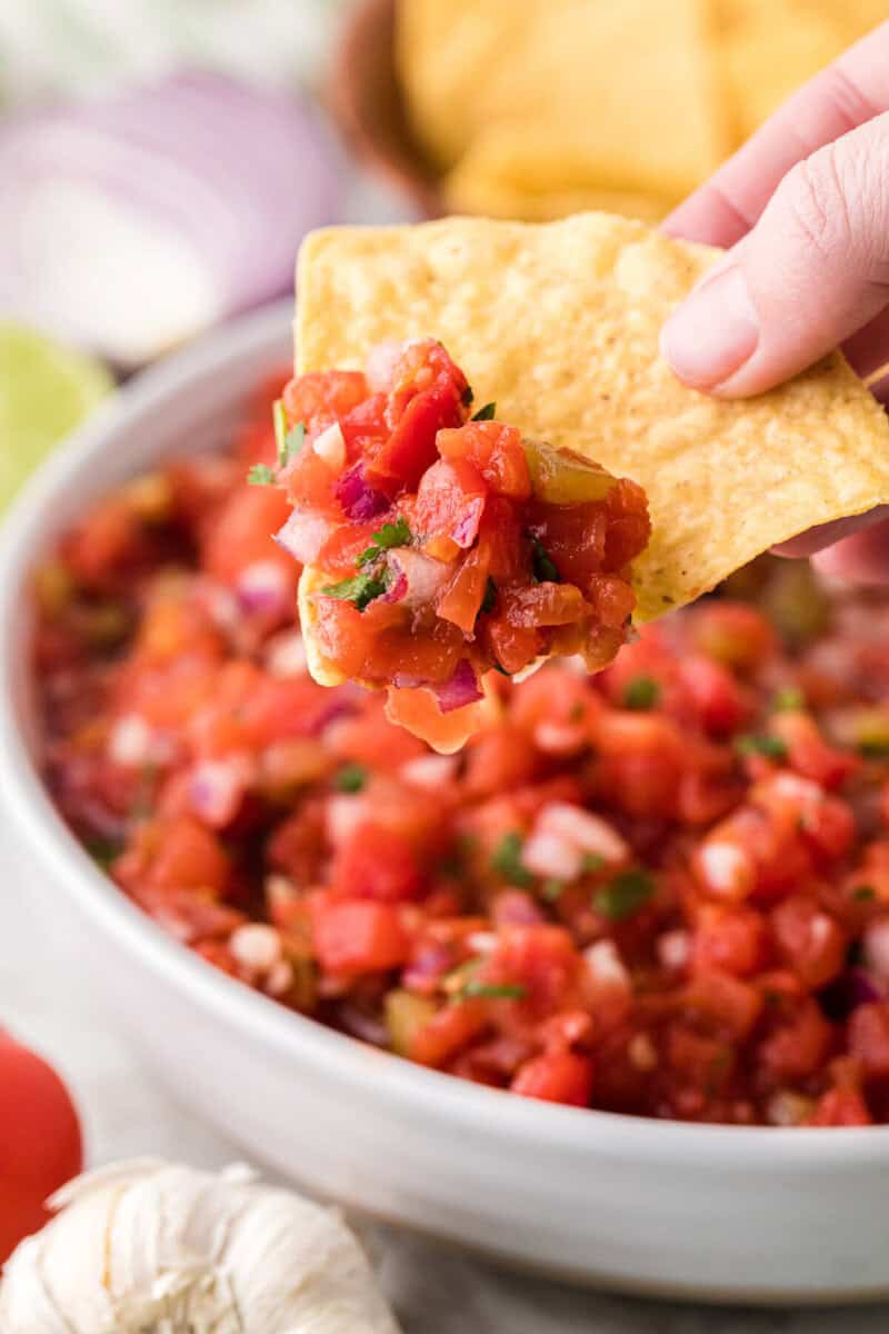 closeup of the salsa on a tortilla chip.
