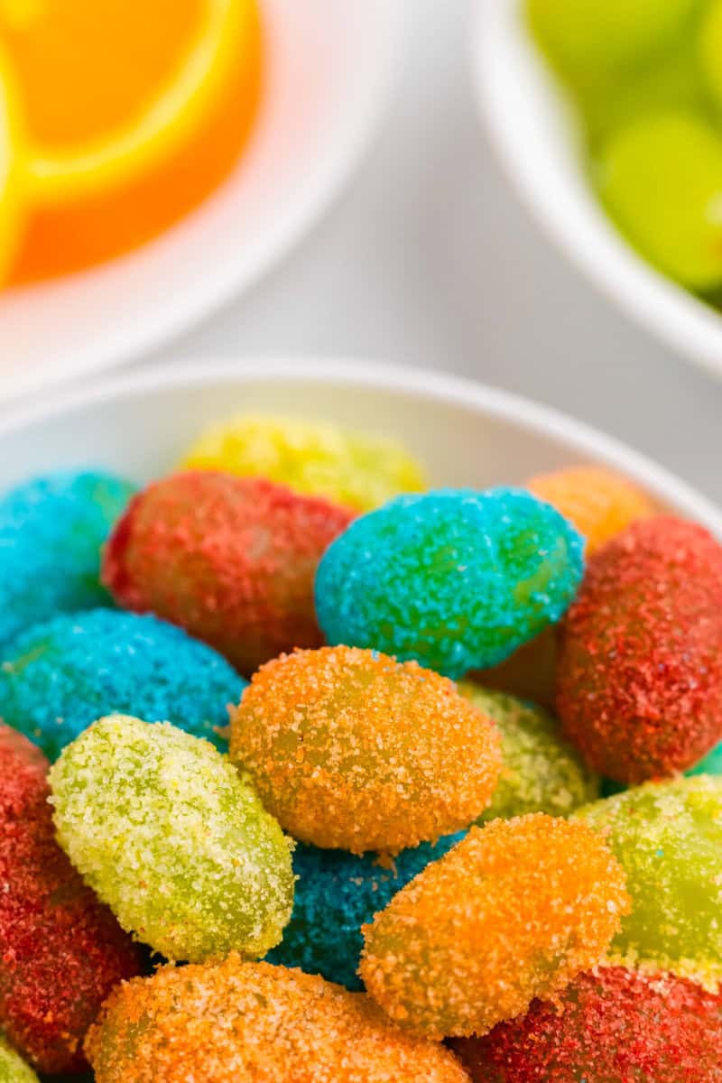 closeup of the sour patch grapes in a bowl.