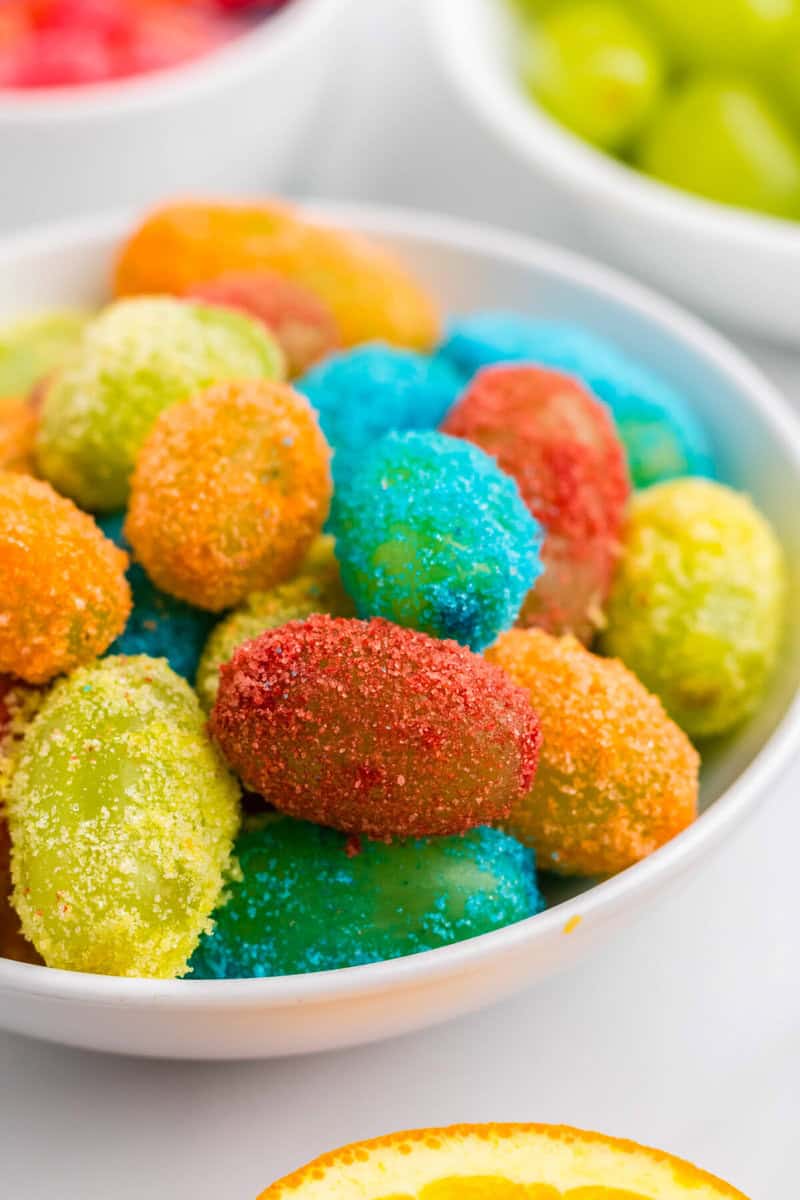 closeup of the Sour Patch Grapes in the white serving bowl.